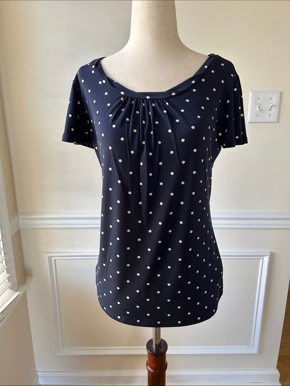 Brooks Brothers Navy White Polka Dot Short-Sleeve Top